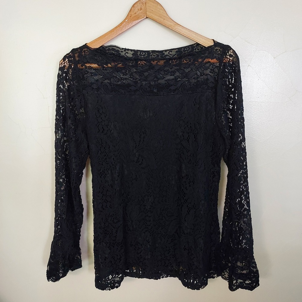 Black Floral Lace Bell Sleeve Top Whimsigoth Fairygrunge Witchy Dark Romantic L